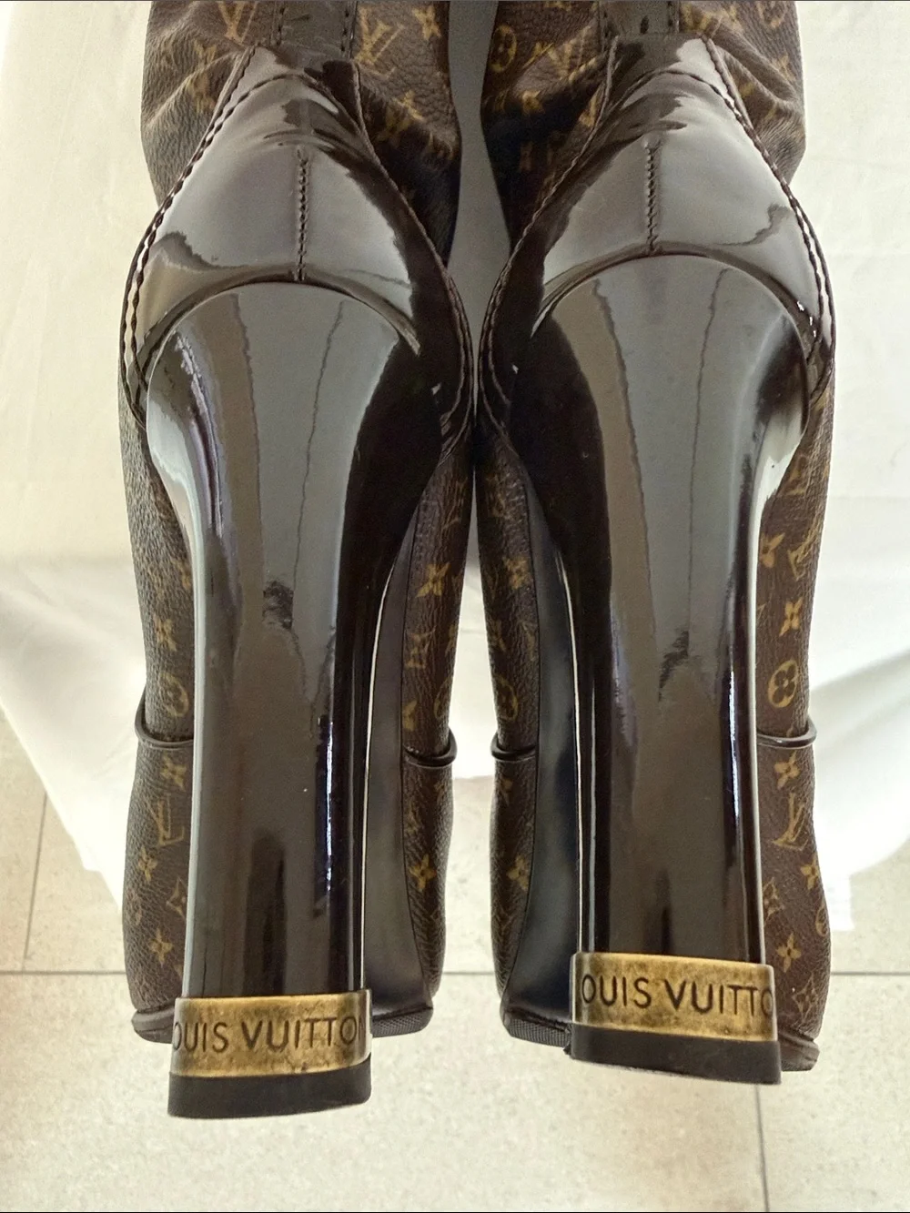 Louis Vuitton Brown Monogram Over-the-Knee Boots with Black Patent Trim